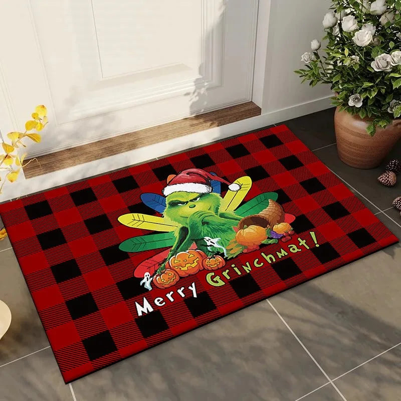 Cute Christmas Grinch Print Welcome Doormat Non-Slip Machine Washable Carpet for Living Room Bedroom Bathroom Kitchen Laundry Rug