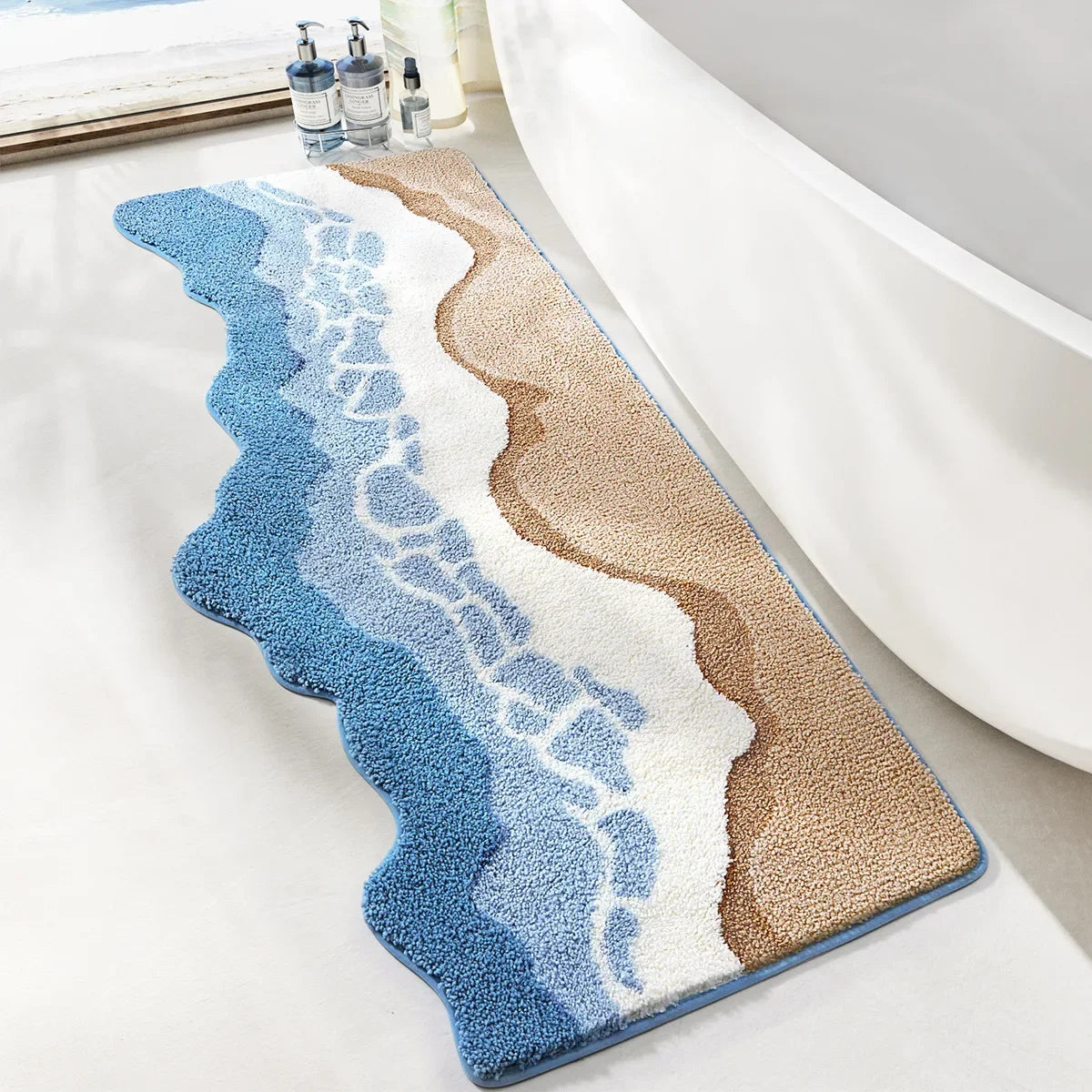 70x160CM Hand-Tufted Wave Bedside Rug, Home Bedroom Decoration Area Rugs, Microfiber Flocked Bathroom Non-slip Absorbent Mat