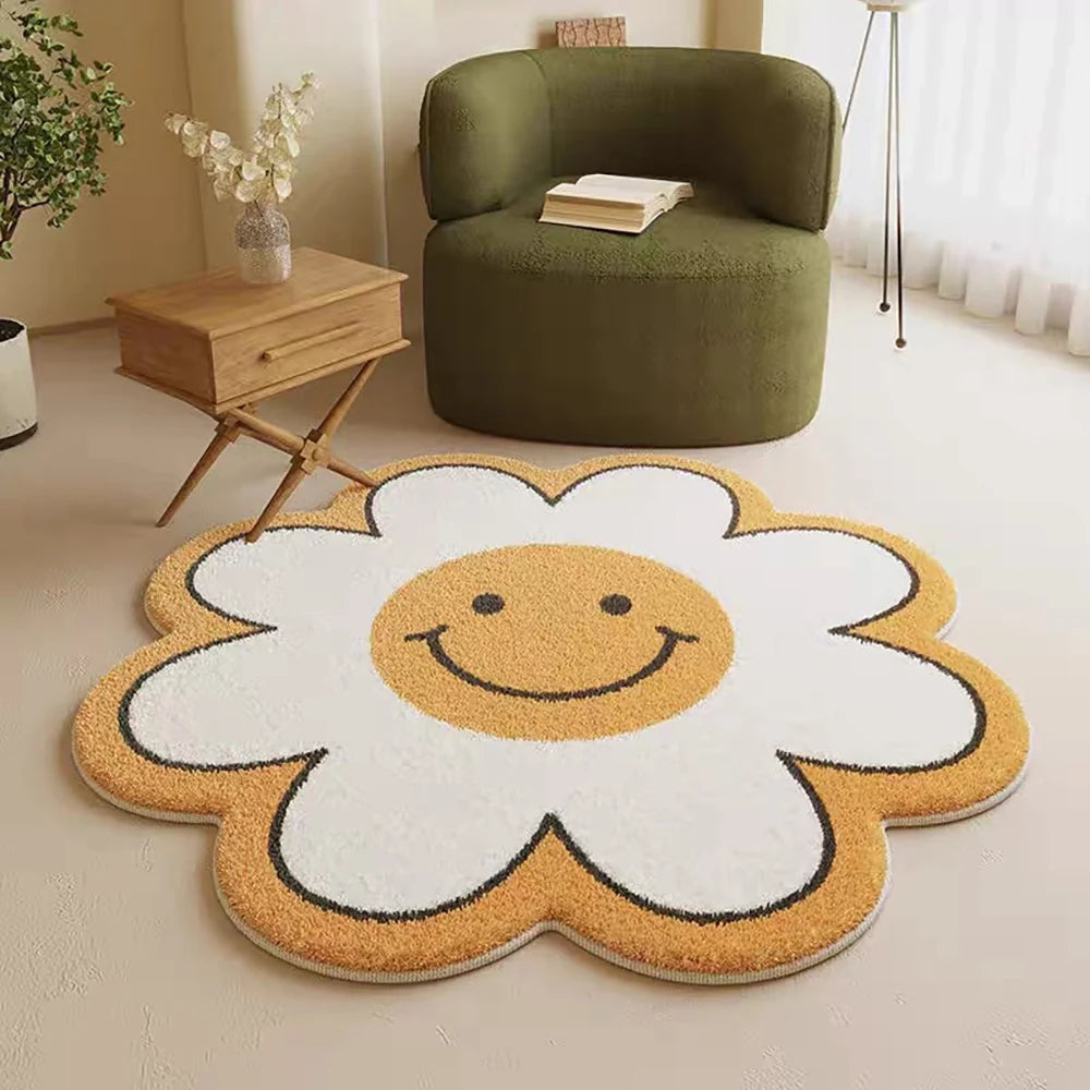 VIKAMA Cartoon Flower Faux Wool Bath Mat - Soft, Non-Slip, Absorbent, Cute Decor for Girls Bedroom, Sofa & Coffee Table