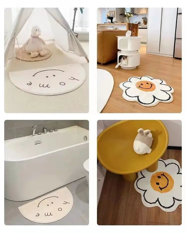 Nordic Flower Rug Cartoon Decor Carpet for Living Room Bedroom Bedside Area Rug  Smile Floor Mat Non-slip Bath Mat