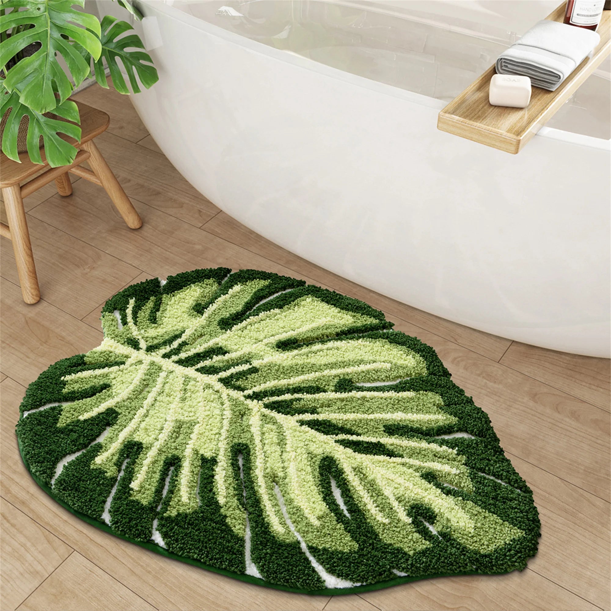 Soft Plush Green Leaf Bathroom Rug with Non-Slip Backing - Luxurious and Absorbent Bath Mat for Home Décor