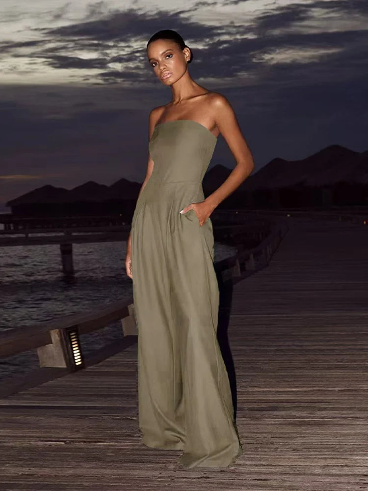 Solid Backless Women's Jumpsuit Solid Off Shoulder Waist Cinching Pockets Wide Leg Pants Lady Bodysuit Summer Female Outwears