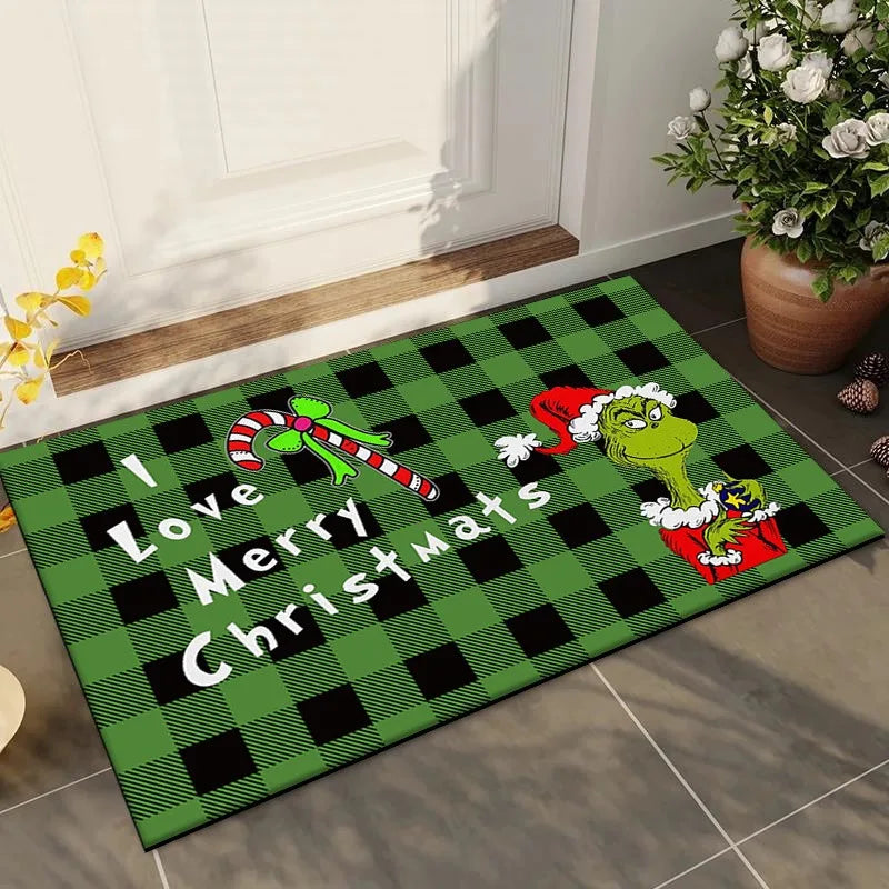 Cute Christmas Grinch Print Welcome Doormat Non-Slip Machine Washable Carpet for Living Room Bedroom Bathroom Kitchen Laundry Rug