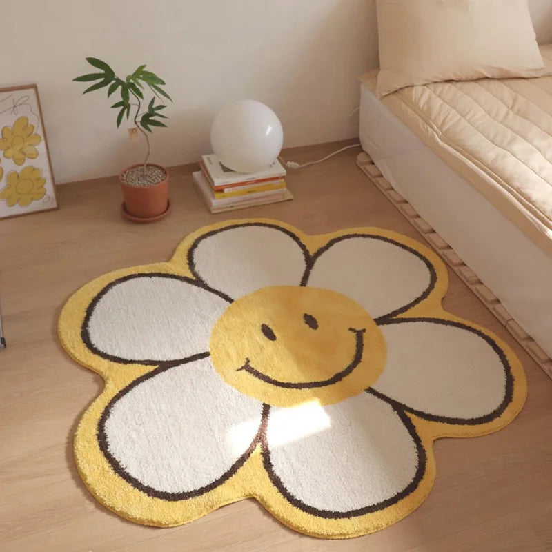 Nordic Flower Rug Ins Egg Sunflower Carpet for Bedroom Living Room Cute Plush Floor Mat Simple Round Bedside Decor Area Rugs