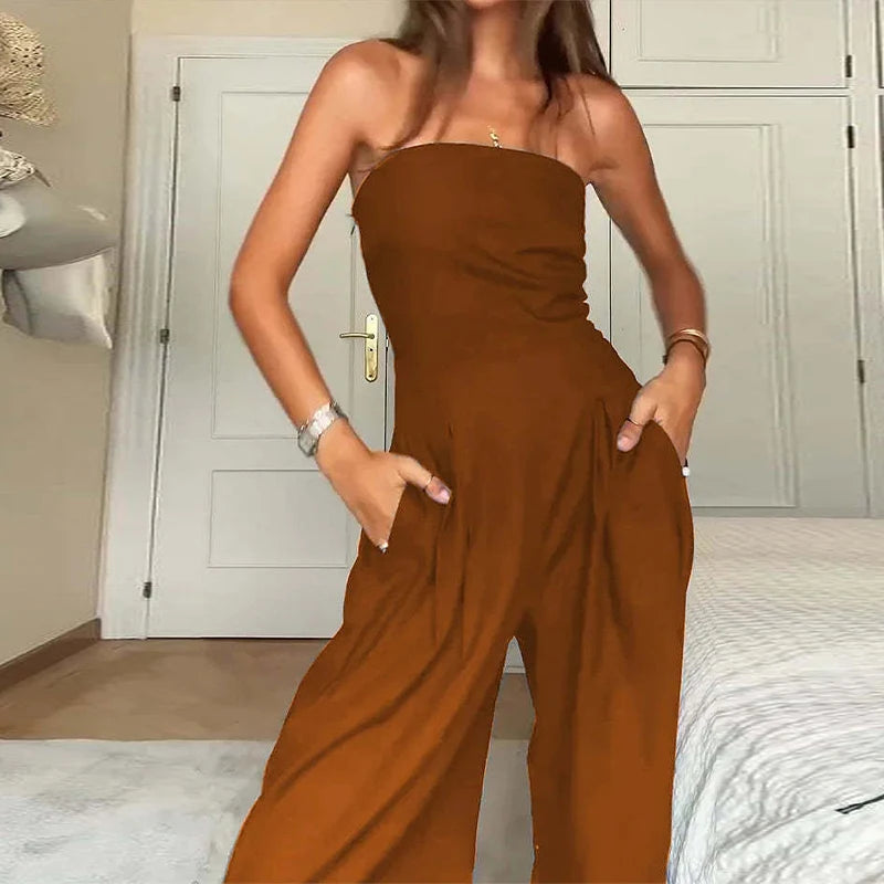 Solid Backless Women's Jumpsuit Solid Off Shoulder Waist Cinching Pockets Wide Leg Pants Lady Bodysuit Summer Female Outwears