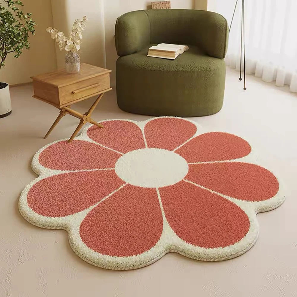VIKAMA Cartoon Flower Faux Wool Bath Mat - Soft, Non-Slip, Absorbent, Cute Decor for Girls Bedroom, Sofa & Coffee Table