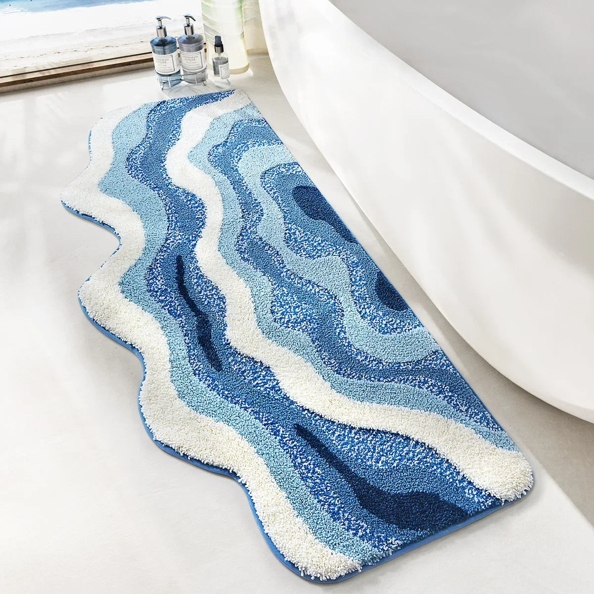 70x160CM Hand-Tufted Wave Bedside Rug, Home Bedroom Decoration Area Rugs, Microfiber Flocked Bathroom Non-slip Absorbent Mat