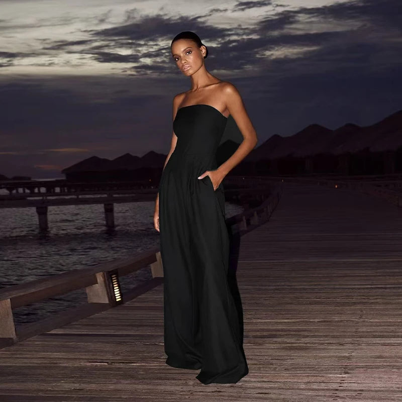 Solid Backless Women's Jumpsuit Solid Off Shoulder Waist Cinching Pockets Wide Leg Pants Lady Bodysuit Summer Female Outwears