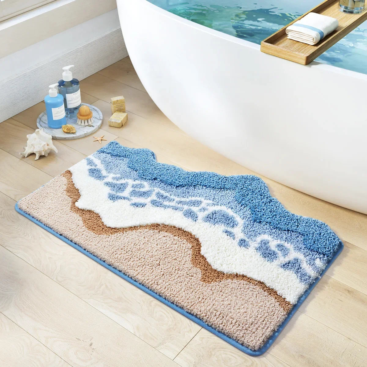 70x160CM Hand-Tufted Wave Bedside Rug, Home Bedroom Decoration Area Rugs, Microfiber Flocked Bathroom Non-slip Absorbent Mat