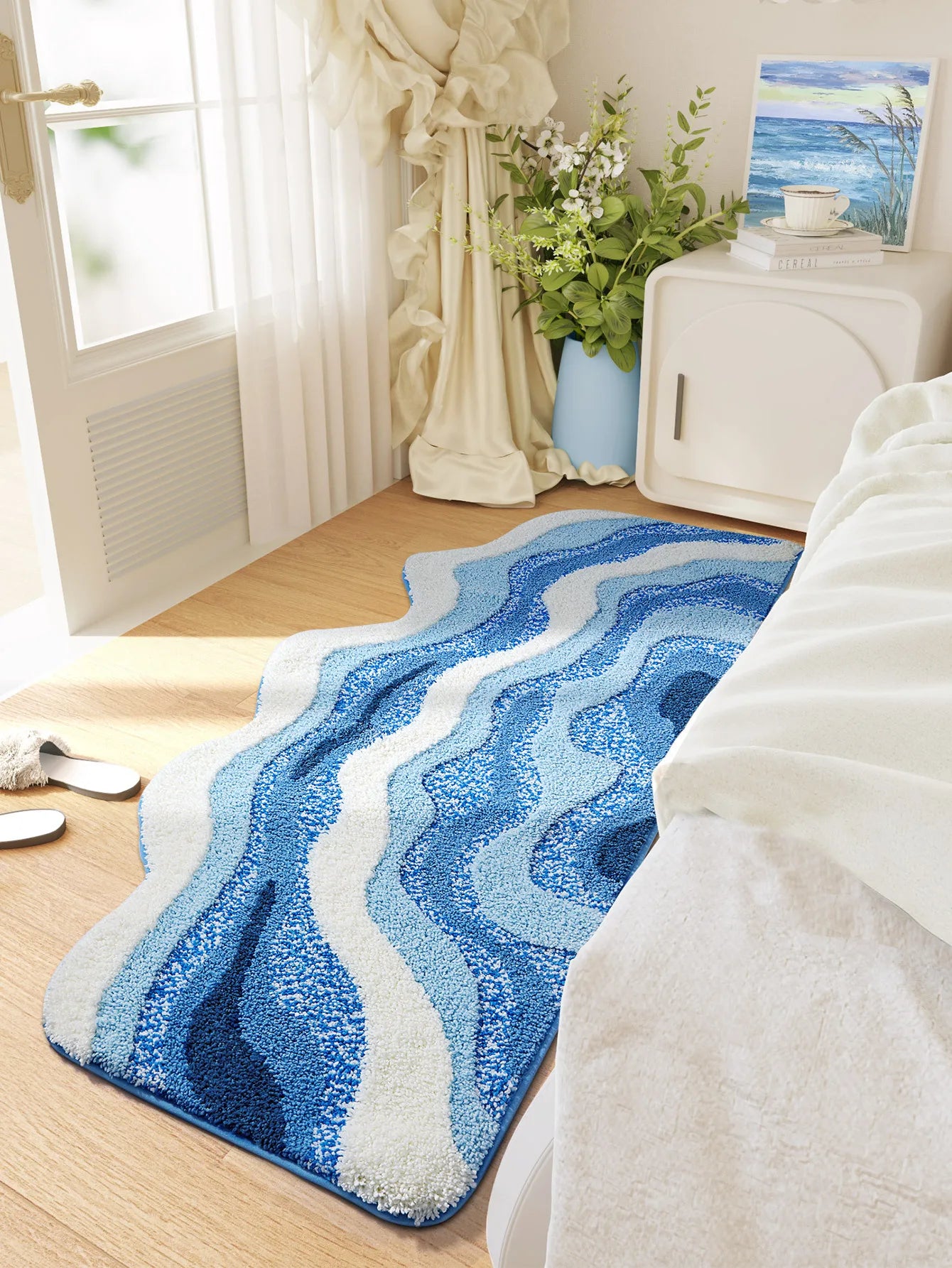 70x160CM Hand-Tufted Wave Bedside Rug, Home Bedroom Decoration Area Rugs, Microfiber Flocked Bathroom Non-slip Absorbent Mat