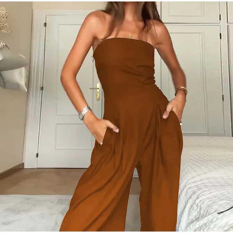 Solid Backless Women's Jumpsuit Solid Off Shoulder Waist Cinching Pockets Wide Leg Pants Lady Bodysuit Summer Female Outwears