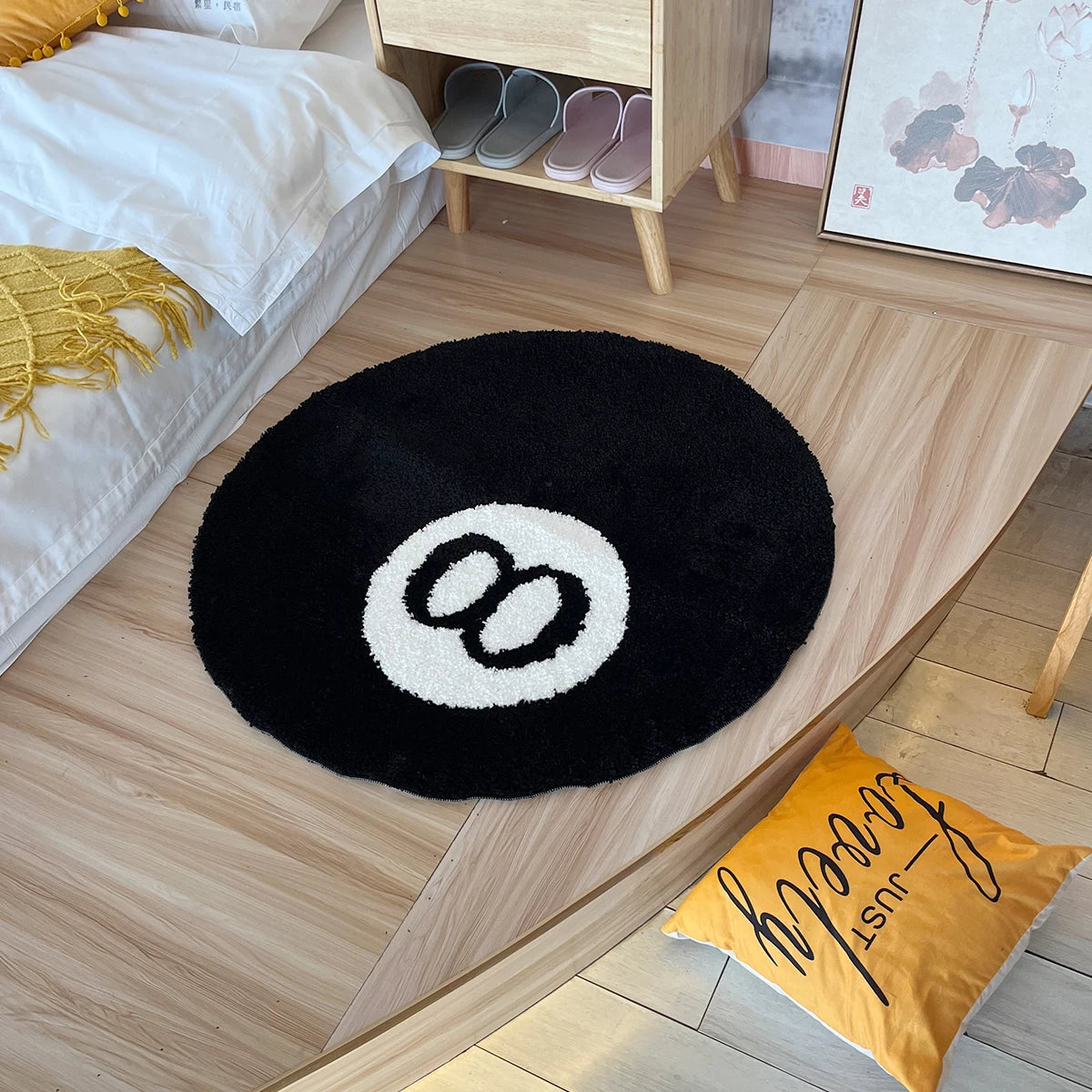 1 Pack Black Billiards 8 Ball Round Flocked Floor Bedroom Anti-Slip Carpet Mat Living Plush Soft Bedroom Rug