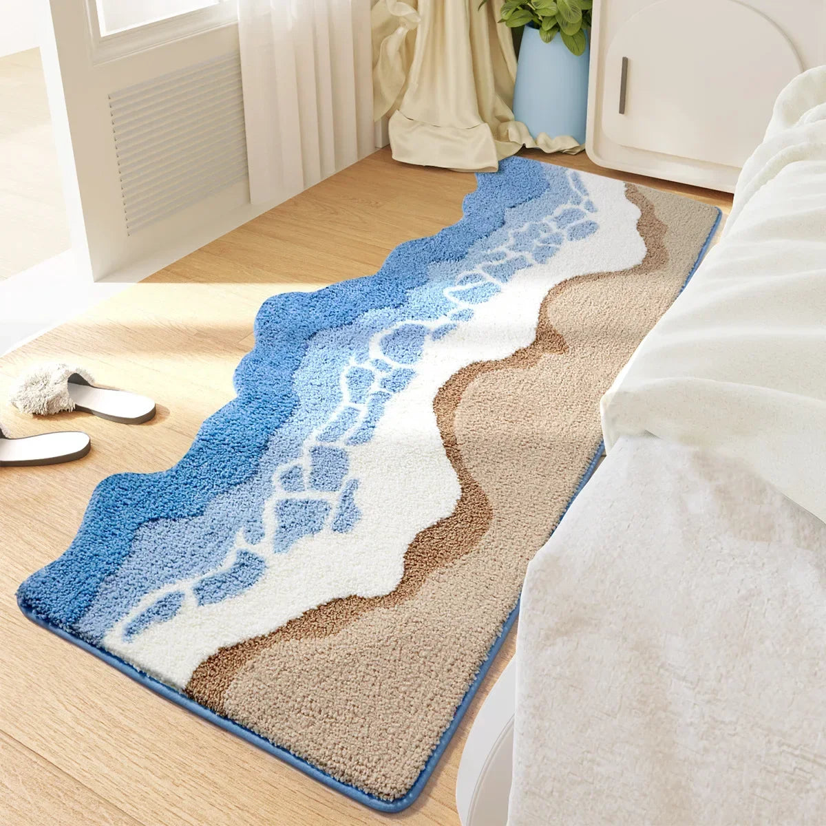 70x160CM Hand-Tufted Wave Bedside Rug, Home Bedroom Decoration Area Rugs, Microfiber Flocked Bathroom Non-slip Absorbent Mat