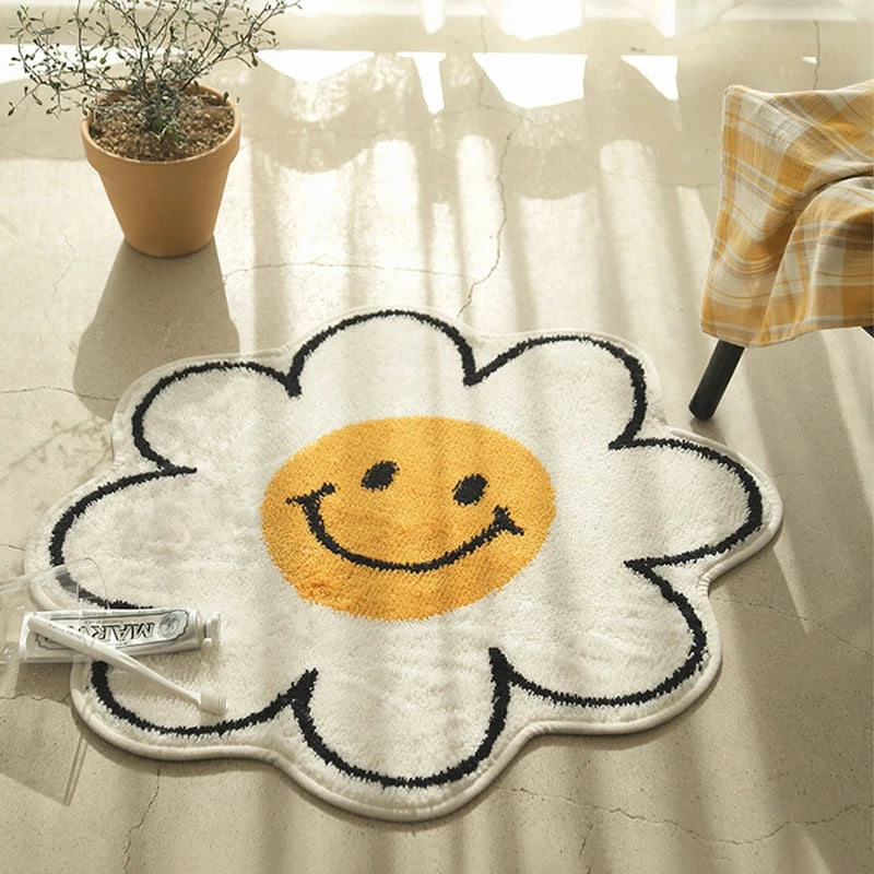 Nordic Flower Rug Ins Egg Sunflower Carpet for Bedroom Living Room Cute Plush Floor Mat Simple Round Bedside Decor Area Rugs