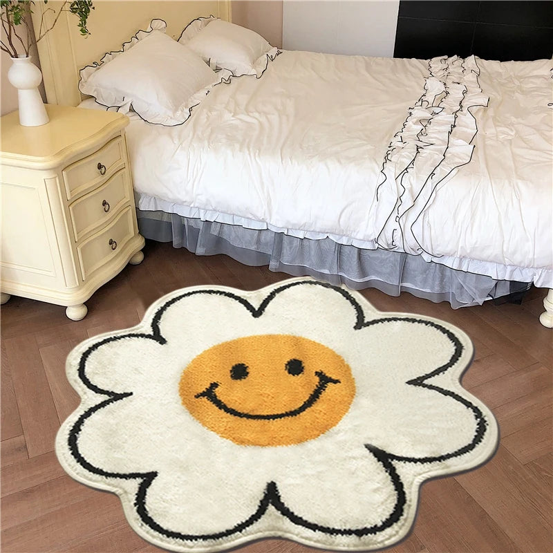 Nordic Flower Rug Ins Egg Sunflower Carpet for Bedroom Living Room Cute Plush Floor Mat Simple Round Bedside Decor Area Rugs