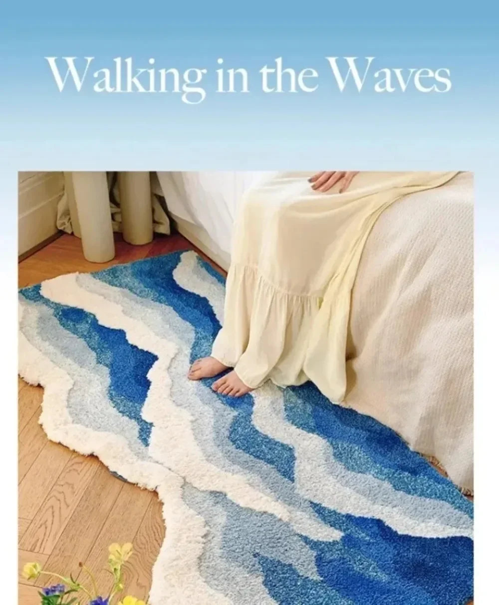 VIKAMA Upgraded Material Wave Creative Non-slip Bathroom Carpet Ocean Bedroom Bedside Rug Living Room Kitchen Mat Home Decor