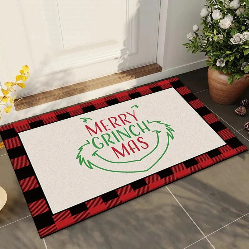 Cute Christmas Grinch Print Welcome Doormat Non-Slip Machine Washable Carpet for Living Room Bedroom Bathroom Kitchen Laundry Rug