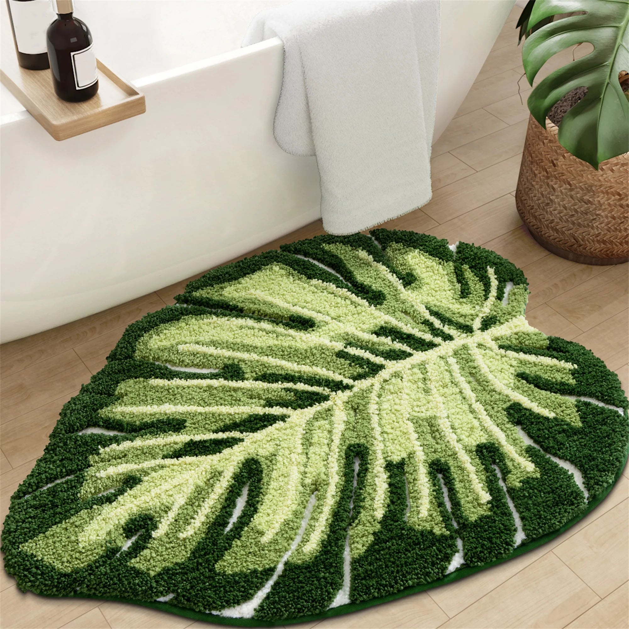 Soft Plush Green Leaf Bathroom Rug with Non-Slip Backing - Luxurious and Absorbent Bath Mat for Home Décor