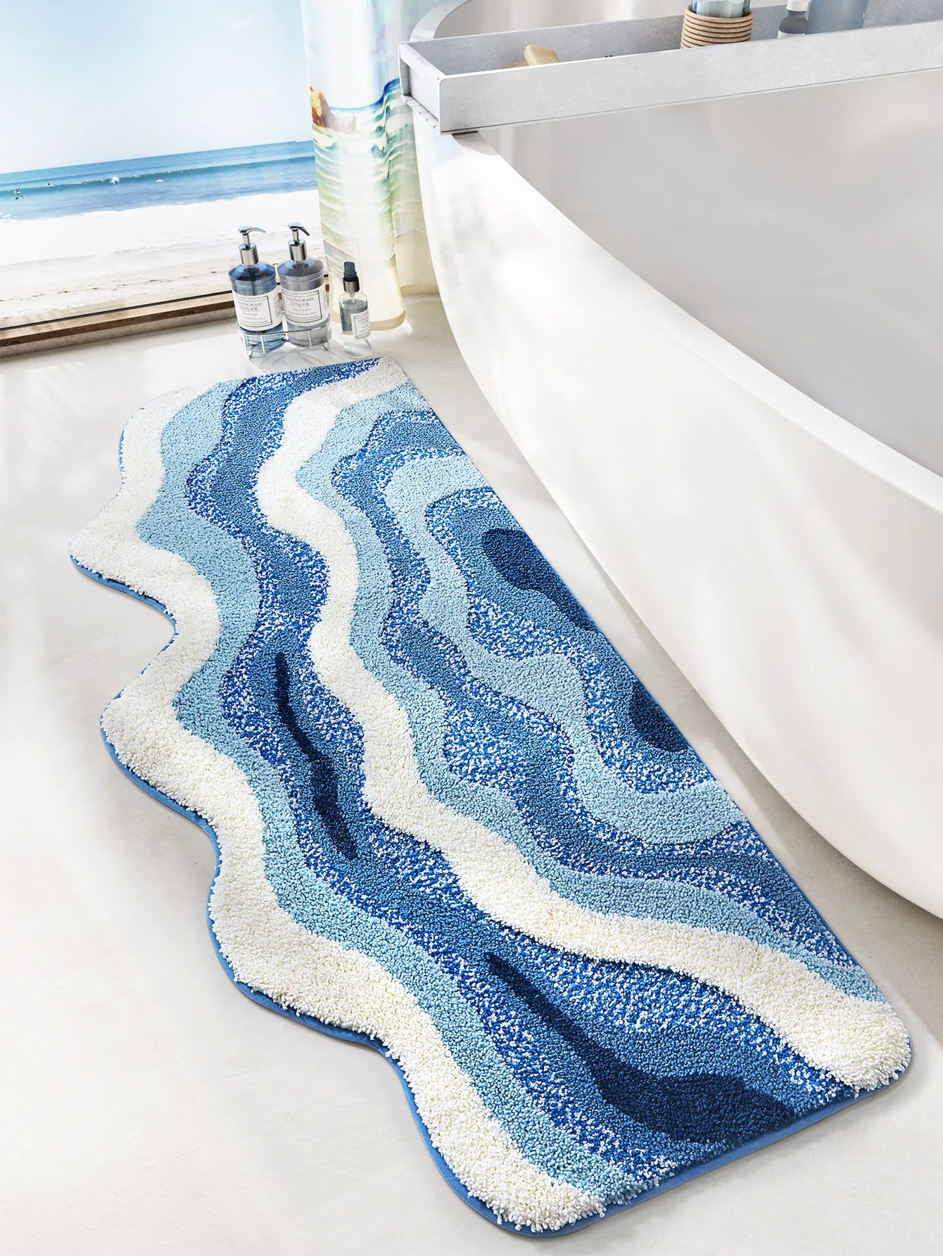 70x160CM Hand-Tufted Wave Bedside Rug, Home Bedroom Decoration Area Rugs, Microfiber Flocked Bathroom Non-slip Absorbent Mat