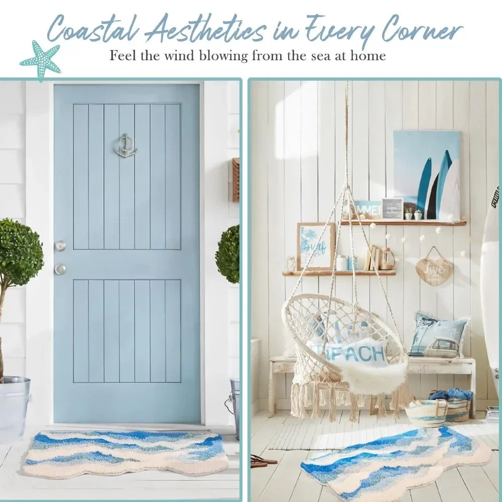 VIKAMA Upgraded Material Wave Creative Non-slip Bathroom Carpet Ocean Bedroom Bedside Rug Living Room Kitchen Mat Home Decor