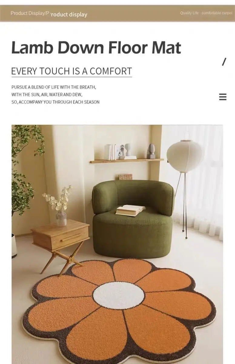 VIKAMA Cartoon Flower Faux Wool Bath Mat - Soft, Non-Slip, Absorbent, Cute Decor for Girls Bedroom, Sofa & Coffee Table