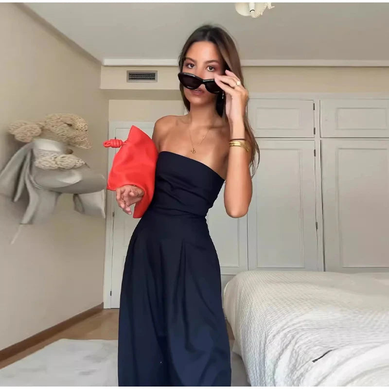 Solid Backless Women's Jumpsuit Solid Off Shoulder Waist Cinching Pockets Wide Leg Pants Lady Bodysuit Summer Female Outwears