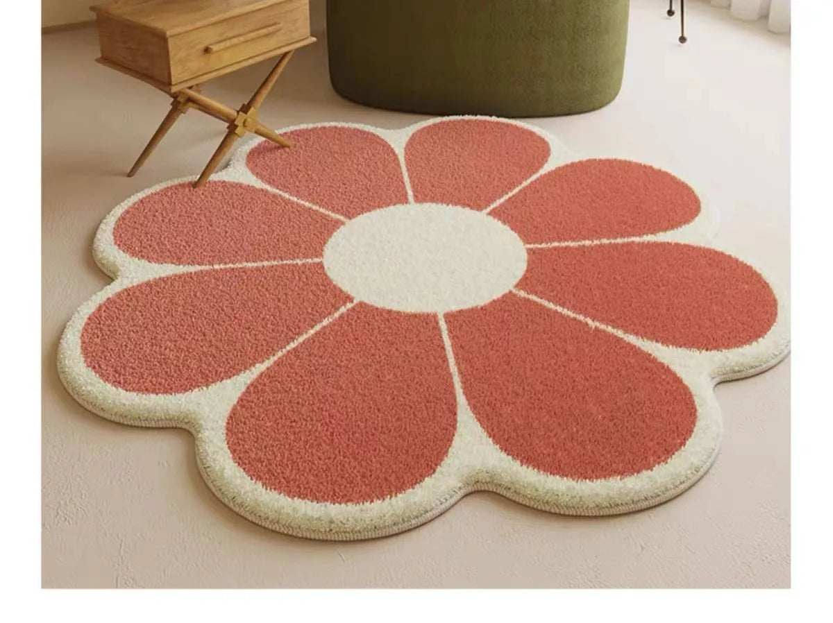 VIKAMA Cartoon Flower Faux Wool Bath Mat - Soft, Non-Slip, Absorbent, Cute Decor for Girls Bedroom, Sofa & Coffee Table