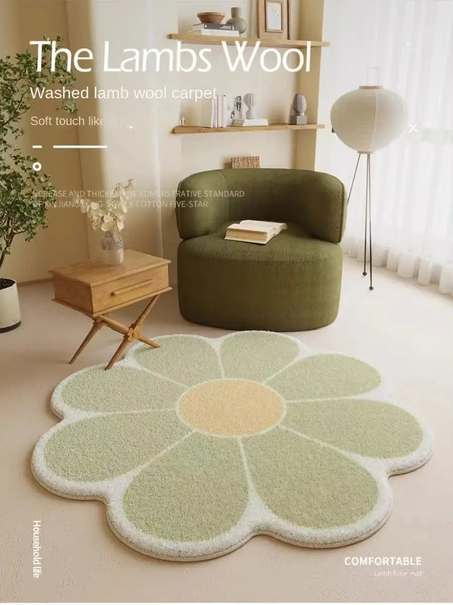VIKAMA Cartoon Flower Faux Wool Bath Mat - Soft, Non-Slip, Absorbent, Cute Decor for Girls Bedroom, Sofa & Coffee Table
