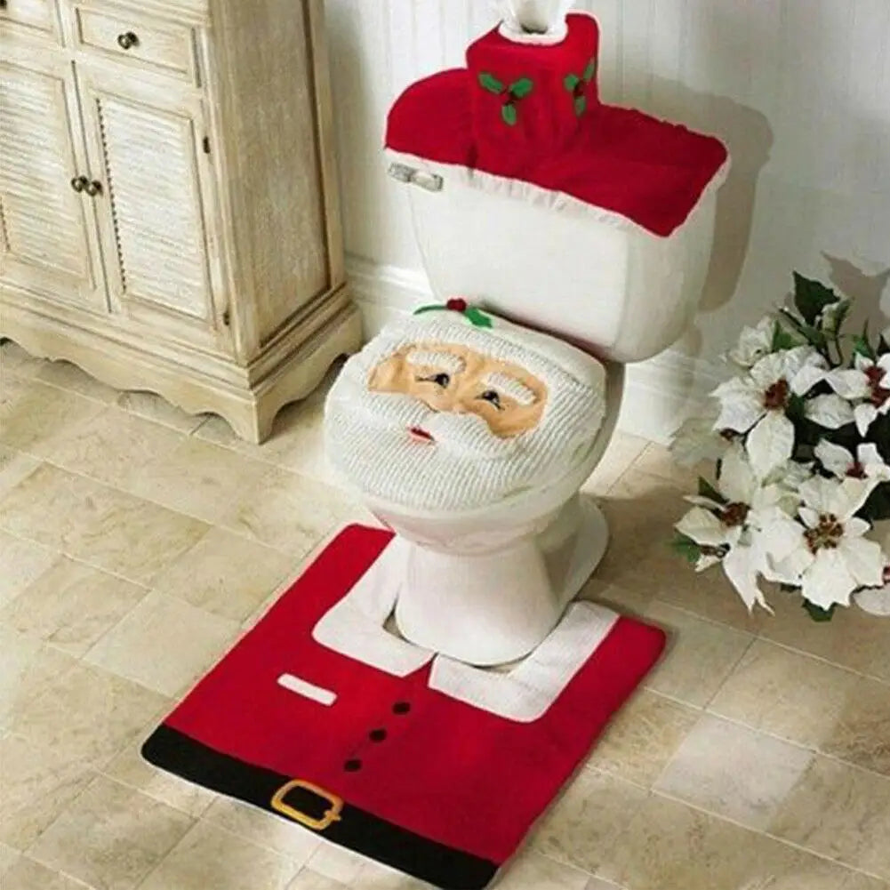 3pcs Christmas Bathroom Cozy Santa Seat Cover and Rugs