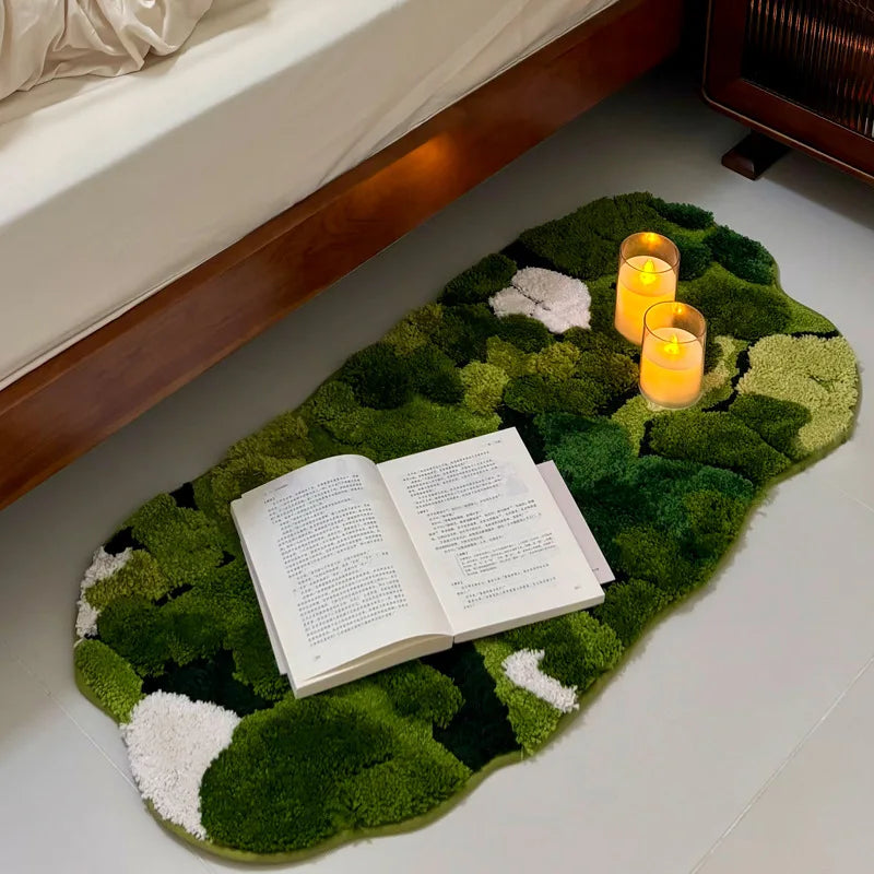 Forest Moss Flocking Bedside Rug, Ultra Soft Non-Slip Bath Mats, Bathroom Carpet & Bedroom Floor Mat for Home Decor