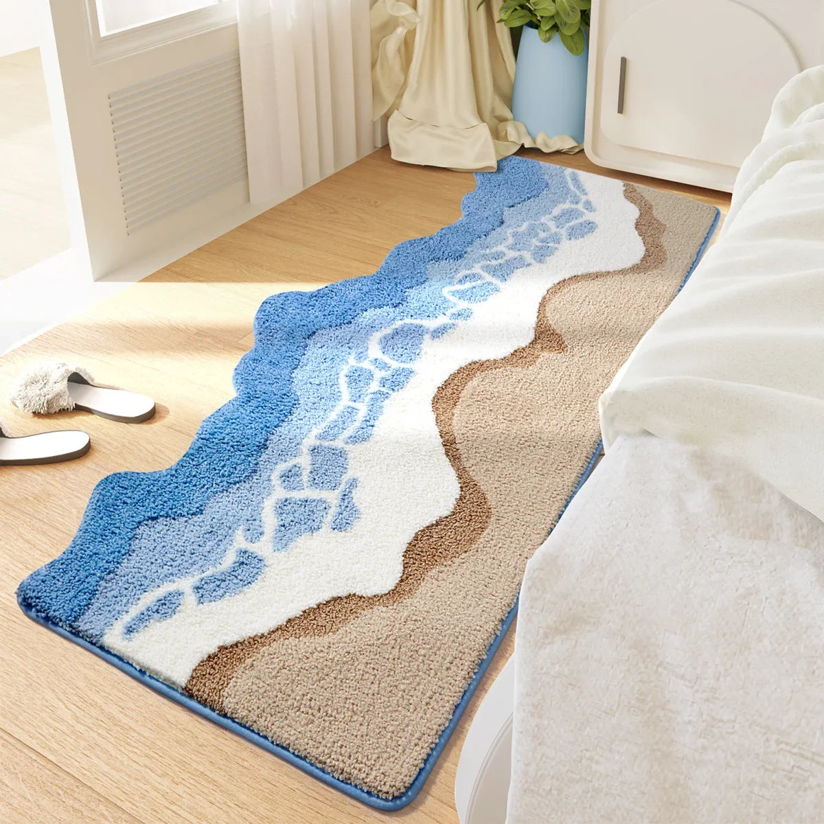 70x160CM Hand-Tufted Wave Bedside Rug, Home Bedroom Decoration Area Rugs, Microfiber Flocked Bathroom Non-slip Absorbent Mat