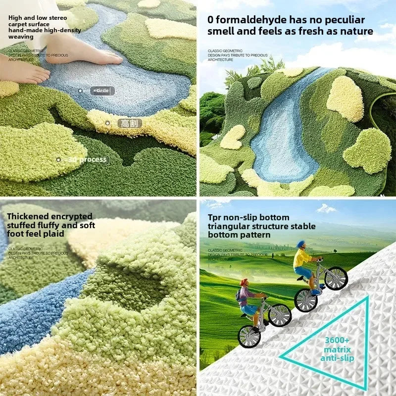 Garden Moss Hand Tufted Area Rug, Bedroom Bedside Rugs, Flocked Art Deco Carpet, Thickened Microfiber Floor Mat, Super Soft