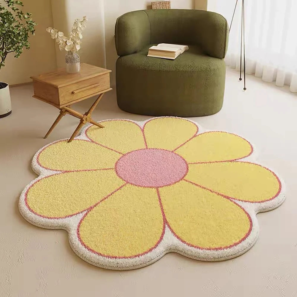 VIKAMA Cartoon Flower Faux Wool Bath Mat - Soft, Non-Slip, Absorbent, Cute Decor for Girls Bedroom, Sofa & Coffee Table
