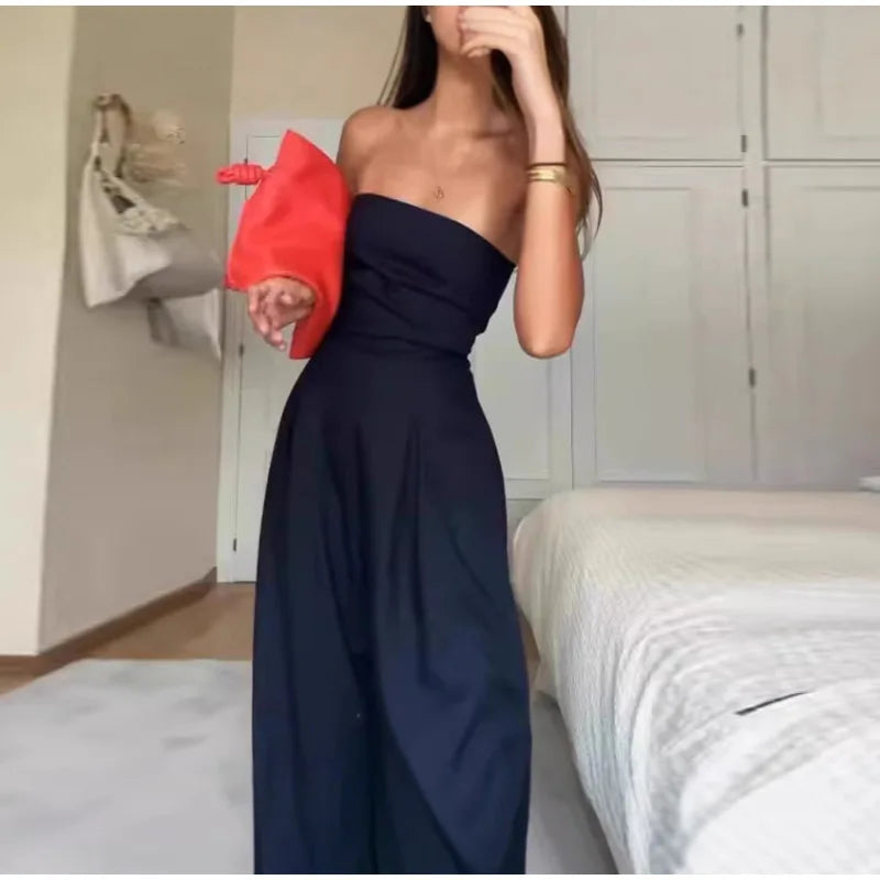 Solid Backless Women's Jumpsuit Solid Off Shoulder Waist Cinching Pockets Wide Leg Pants Lady Bodysuit Summer Female Outwears