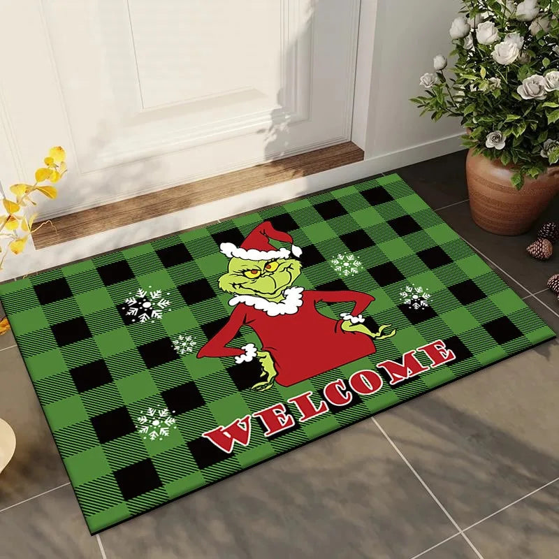 Cute Christmas Grinch Print Welcome Doormat Non-Slip Machine Washable Carpet for Living Room Bedroom Bathroom Kitchen Laundry Rug